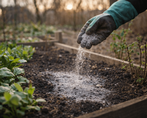 Main avec gants de jardinage répandant légèrement des cendres de bois tamisées sur un potager en fin d’hiver, sol humide et lumière douce