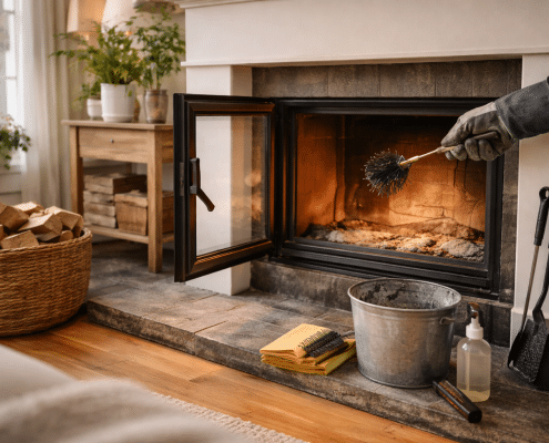 Cheminée propre en fin d’hiver avec outils de nettoyage, vitre claire et bûches rangées au sec, ambiance lumineuse de début de printemps