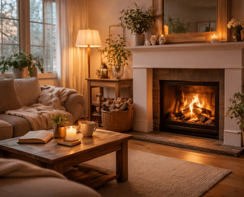 Salon lumineux de fin d’hiver avec petite flambée dans une cheminée, ambiance douce du soir, bois sec et décoration chaleureuse sans surchauffe