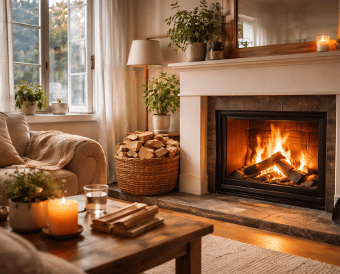 Intérieur cosy en hiver avec cheminée en combustion propre, flammes nettes, air clair, bois sec et fenêtre légèrement entrouverte pour ventilation