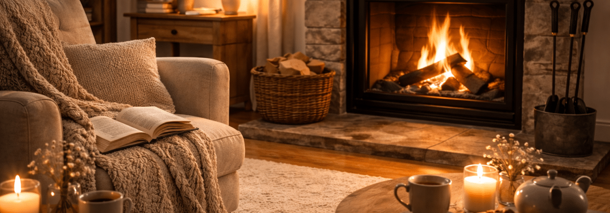 Salon du soir avec petite flambée dans une cheminée, lumière chaude tamisée, plaid et livre sur un fauteuil, ambiance calme propice au repos