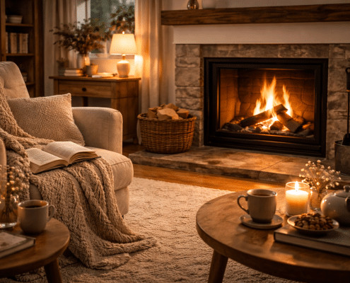 Salon du soir avec petite flambée dans une cheminée, lumière chaude tamisée, plaid et livre sur un fauteuil, ambiance calme propice au repos