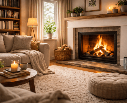 Salon chaleureux avec cheminée, tapis épais, rideaux textiles et bibliothèque, ambiance feutrée illustrant une acoustique douce
