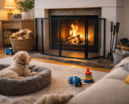 Salon familial avec cheminée protégée par un pare-feu, espace dégagé, panier de chien à distance et rangement discret des accessoires, ambiance chaleureuse et sécurisée