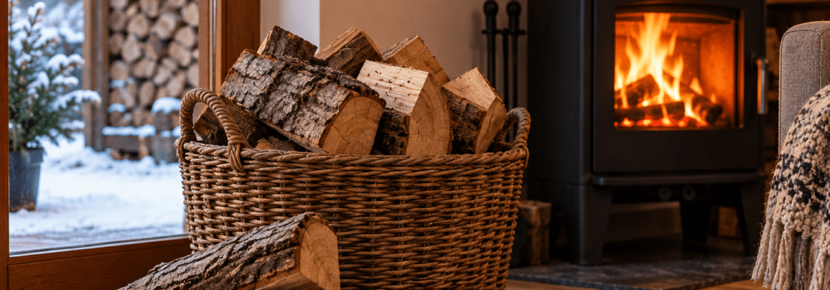 Bûches de bois de chauffage rentrées dans la maison avant utilisation