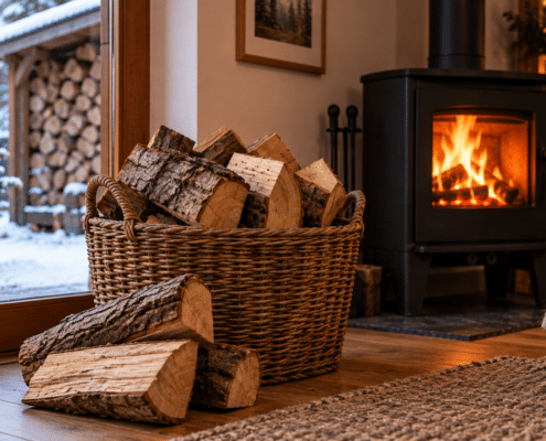 Bûches de bois de chauffage rentrées dans la maison avant utilisation
