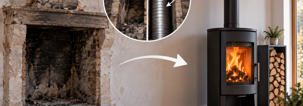 Ancien conduit de cheminée réutilisé et tubé pour l’installation d’un poêle à bois moderne