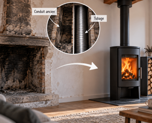 Ancien conduit de cheminée réutilisé et tubé pour l’installation d’un poêle à bois moderne