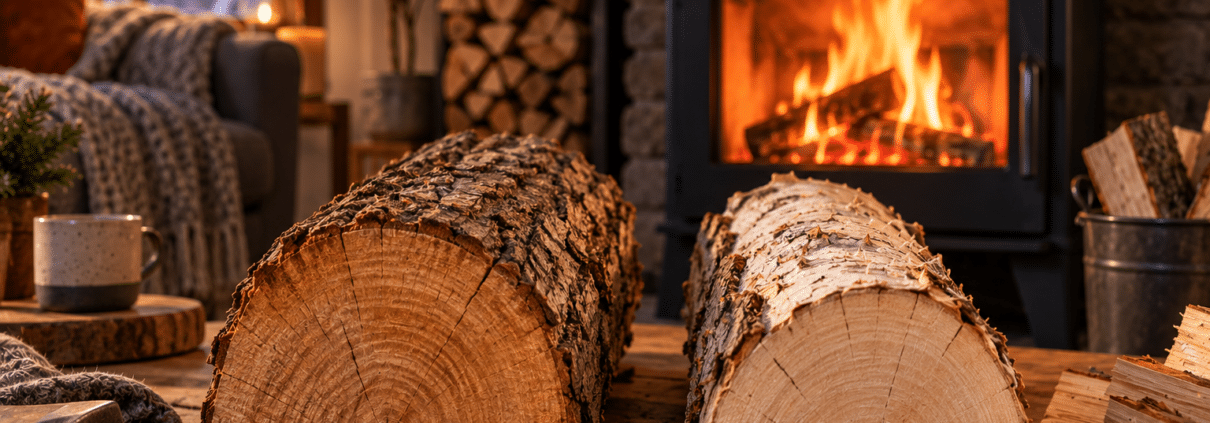 Deux bûches de bois de densités différentes devant un poêle à bois