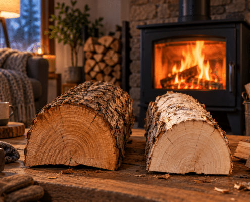 Deux bûches de bois de densités différentes devant un poêle à bois