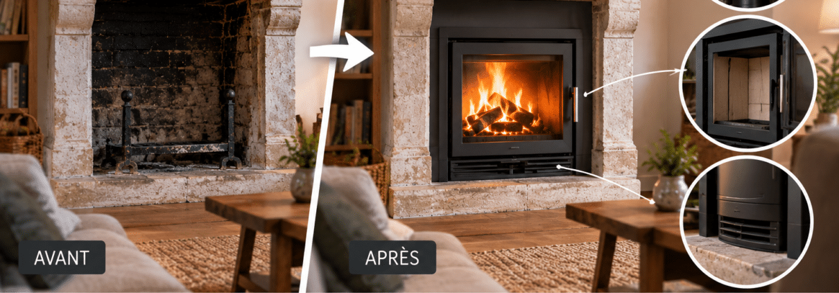 Ancienne cheminée ouverte transformée avec l’installation d’un insert à bois